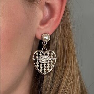 Chanel Pearl Heart Earrings Gold Tone